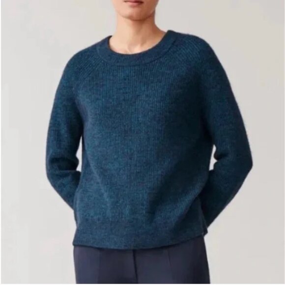 COS Blue Mock Crew Neck Alpaca Wool Blend Pullover Sweater - Picture 2 of 7